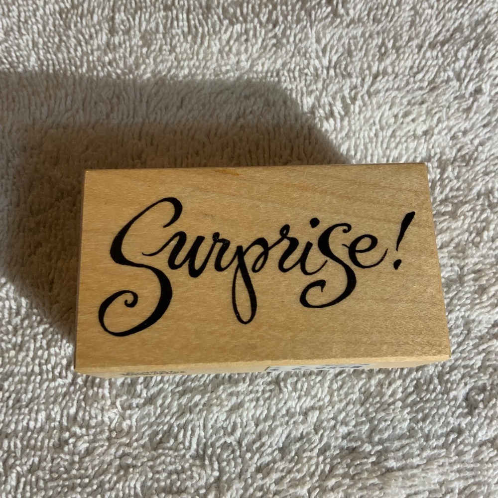 Wood Rubber Stamp “ SURPRISE” 2.78” X  1” (NEW)
